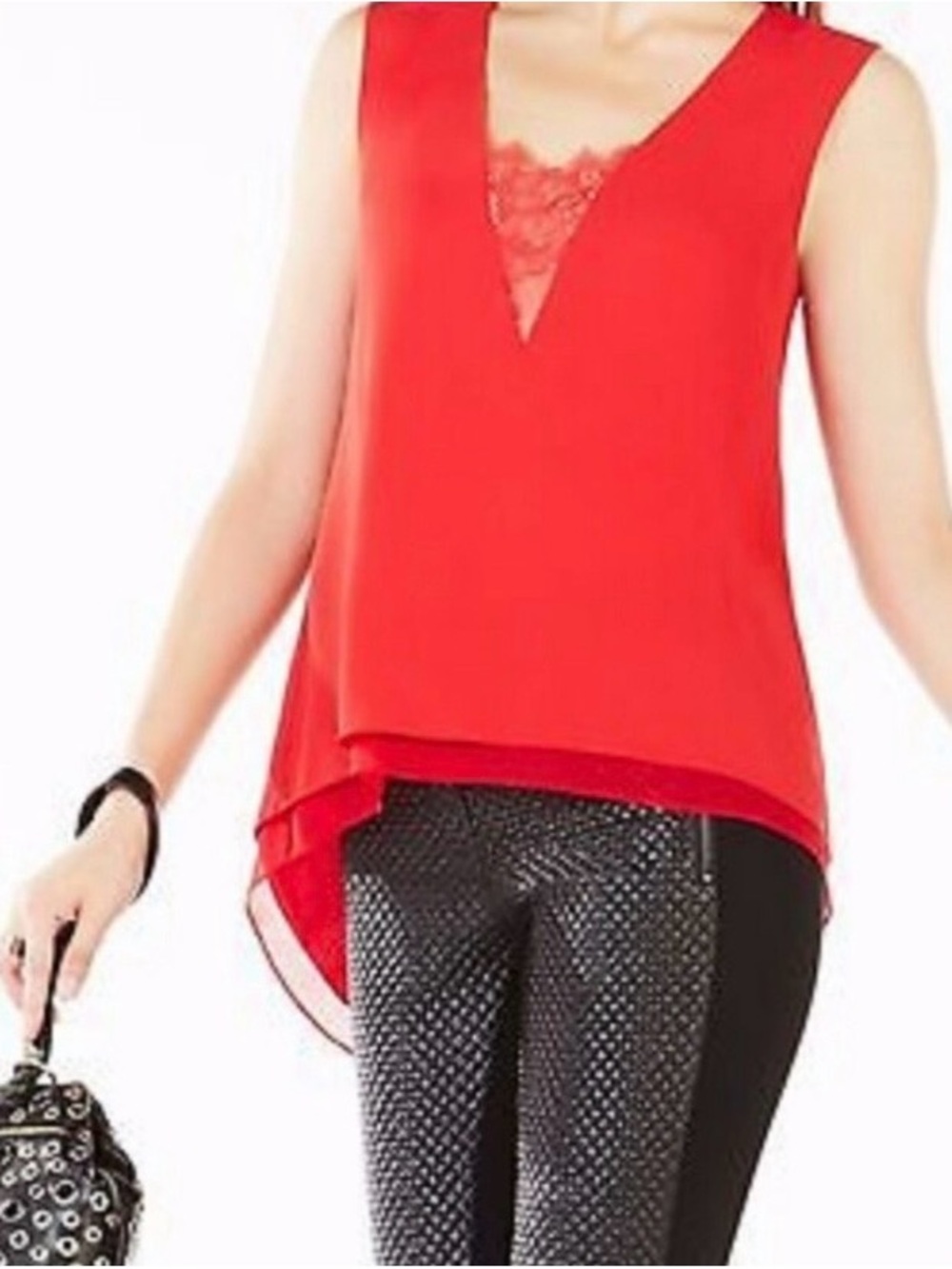 BCBG Red V-Neck Lace Inset Sleeveless Camisole